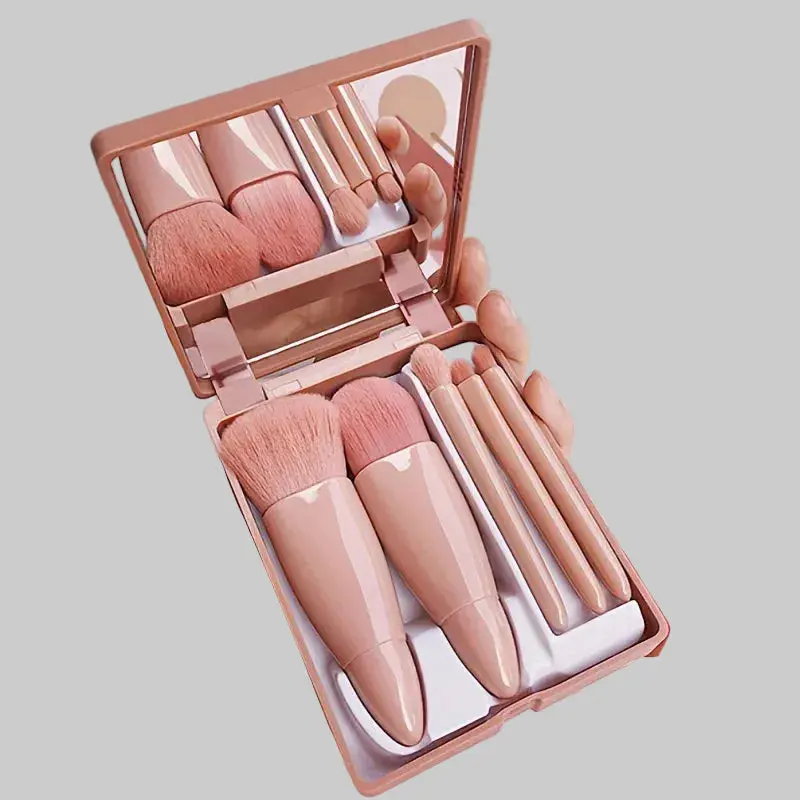 5-Piece Portable Makeup Brush Set with Foldable Mirror, Travel-Friendly Beauty Brush Kit