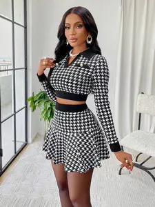 Amarilo Women's Autumn Sexy Houndstooth Print V-Neck Long Sleeve Jacket And Mini Skirt 2 Pieces Set (Print) Black Spring