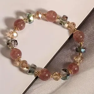 Elegant Elastic Beaded Bracelet for Women, Strawberry Crystal and Mixed Crystal, Fashion Retractable Jewelry for Friends, Birthday Party, Valentine's Day Gift, Halloween Christmas Gift