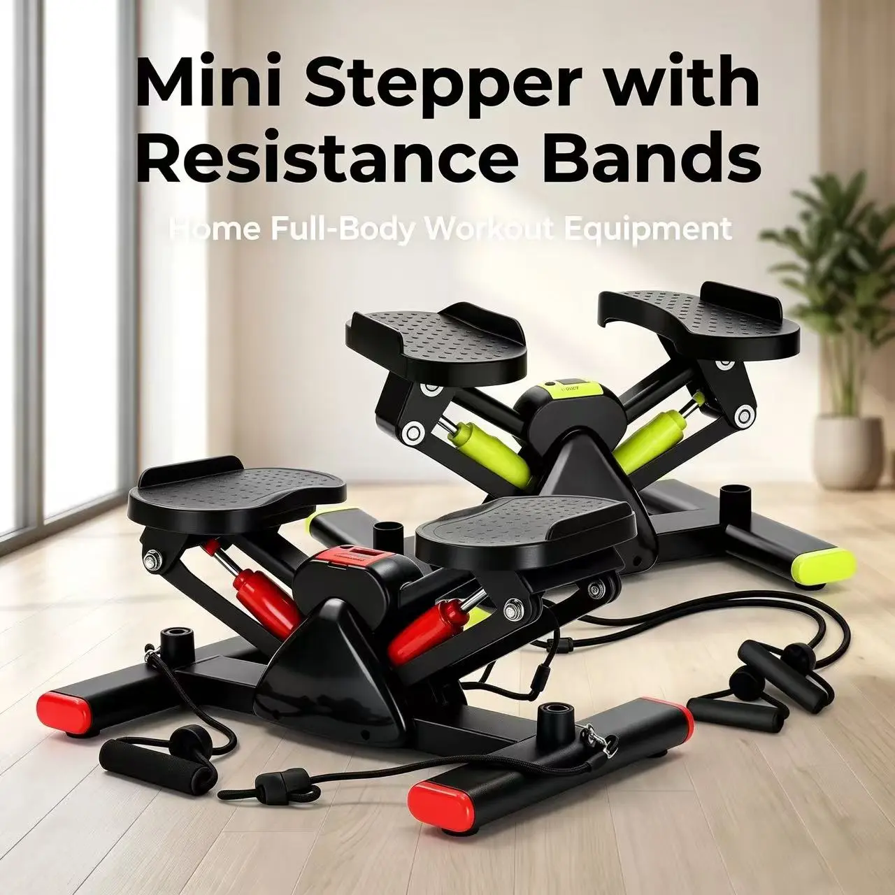 Compact Mini V-Shape Hydraulic Stepper with Resistance Bands, Silent Space-Saving Full-Body Home Workout Training Machine for Apartment Indoor Fitness
