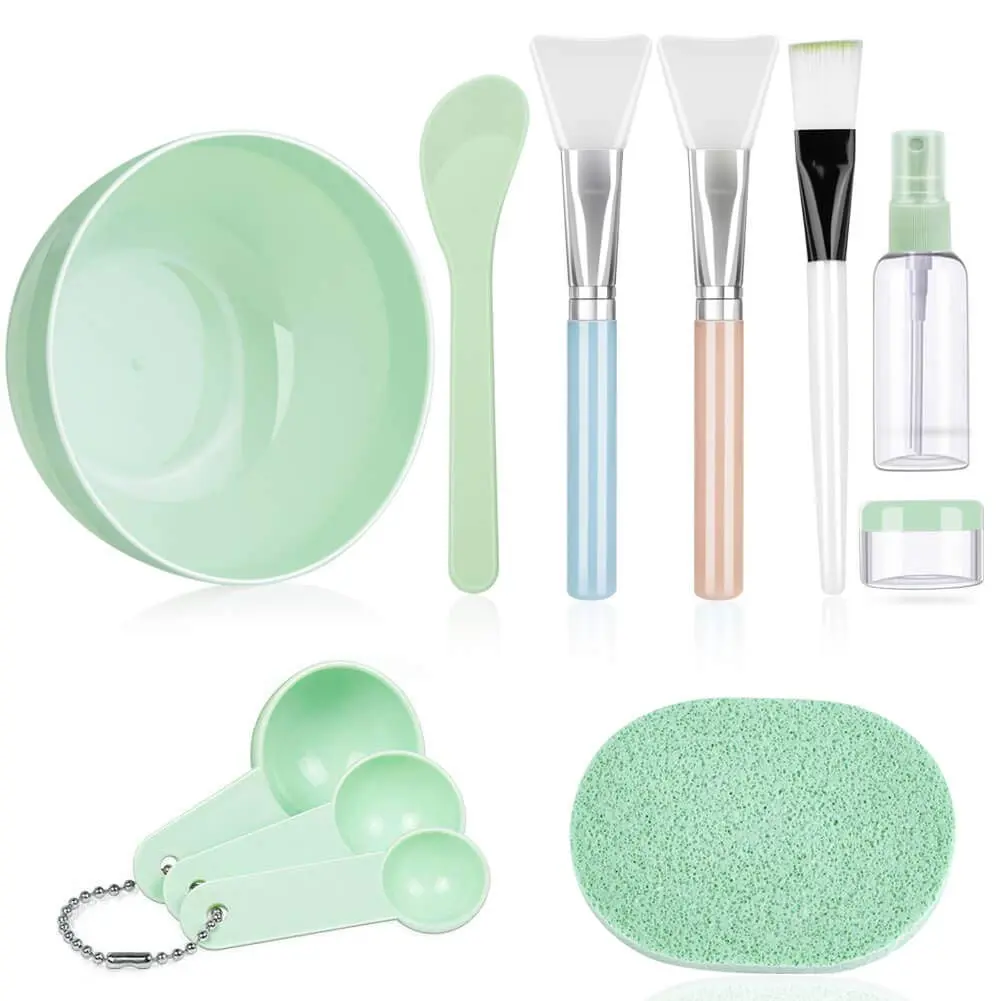 11 Pcs DIY Facemask Mixing Tool Kit with Facial Mask Bowl Stick Spatula Silicone Brush Spray Bottle Puff Soaking Bottle Gauges
