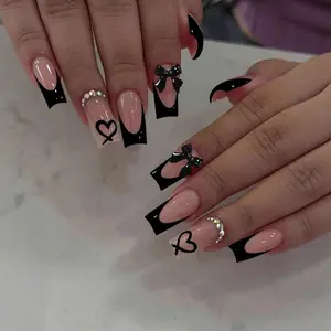 24pcs Medium-Length Square French Press-On Nails, Nude Base, Heart, 3D Butterfly, Full Rhinestones, Reusable Gel Nails