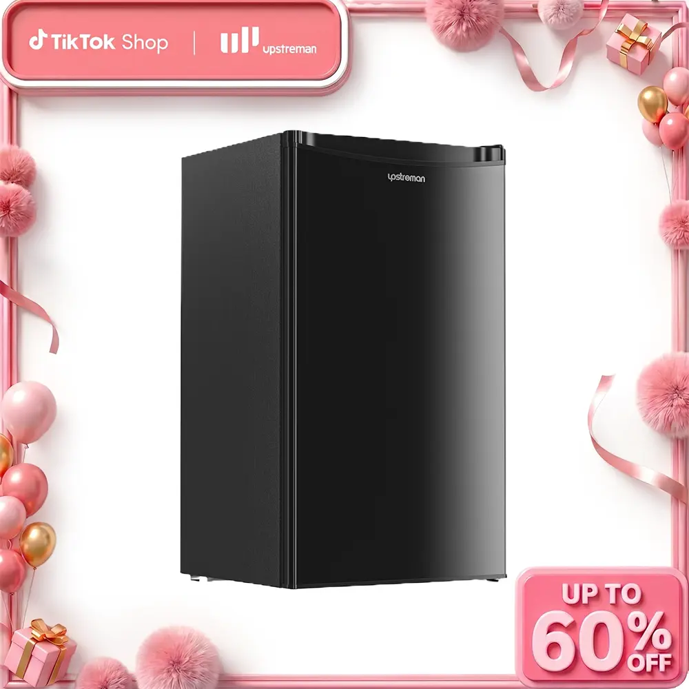 Upstreman mini fridges 3.2 Cu.Ft with Freezer Compact Single-Door Fridge for Dorm Office Bedroom BR321 Adjustable Temperature Thermostat Energy-Efficient Quiet Operation 3 Removable Shelves & Crisper Drawer pantry drink fridge skincare fridge tiktokshopsp