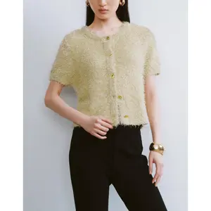 URBAN REVIVO 2026 Spring New Arrival Women's Boxy Buttoned Casual Knitwear Cardigan - Medium Length, Fuzzy Polyester Plaid Fabric, Short-Sleeve, Round Neck, Multi-Size Cozy Clothes Top