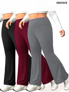 3pcs Set Women's Plus Size Bell-Bottom Miracle Pants - Solid-Color Tummy Control Wide-Leg Flare Pants, Elegant for all-Season Wear, Casual/Formal Outfits & Year-Round, Slight Flare And Pockets, Designed for High Stretch, High-Waisted Pants with Pockets