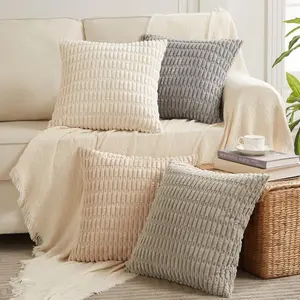 4 Packs Neutral Decorative Throw Pillow Covers 18x18 Inch For Living Room Couch, Bed, Sofa, Rustic Farmhouse Boho Home Decor, Soft Plush Striped Corduroy Square Cushion Case 45x45 cm
