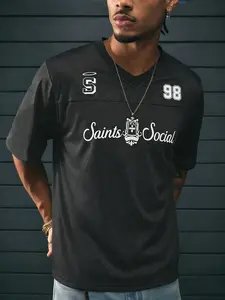 Men's Summer Saint Social American Football Jersey Breathable Mesh V-Neck Street Sport T-Shirt, Casual Fitted Short Sleeve Tee