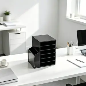 CNCEST 6-Tier Desktop Organizer with Side Storage Cabinet, Black PVC File Rack Adjustable Shelves for Office Desk, Classroom & Craft Room, Holds A4 Paper & Books