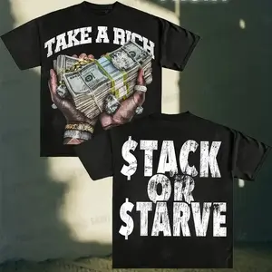 Take A Rich Stack Or Starve Motivational Graphic T-Shirt - 100% Cotton 220gsm Heavyweight Unisex Short Sleeve Crew Neck Tee for Gym, Running, Beach & Casual Wear - Machine Washable Regular Fit