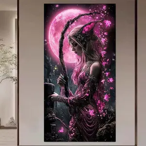 1pcs 5D DIY Diamond Painting Kit, 5D Diamond Art Set, DIY Decoration, Pink Moon, Fairy, Purple Flower. Full Round Drill DIY Diamond Painting Kit, Mosaic, Diamond Art, DIY Art Home Decoration, suitable for Halloween and Christmas.