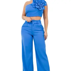 Statement Flower One-Shoulder Two-Piece Set Royal Blue High-Waisted Wide-Leg Pants & Crop Top Ensemble