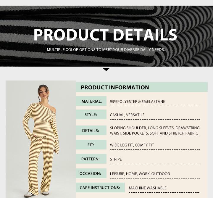 KatchMe Women's Versatile Sloping Shoulder Stripe Long Sleeve Top & Drawstring Waist Loose Trousers Co-ord, Comfort Basic Two Piece Outfits