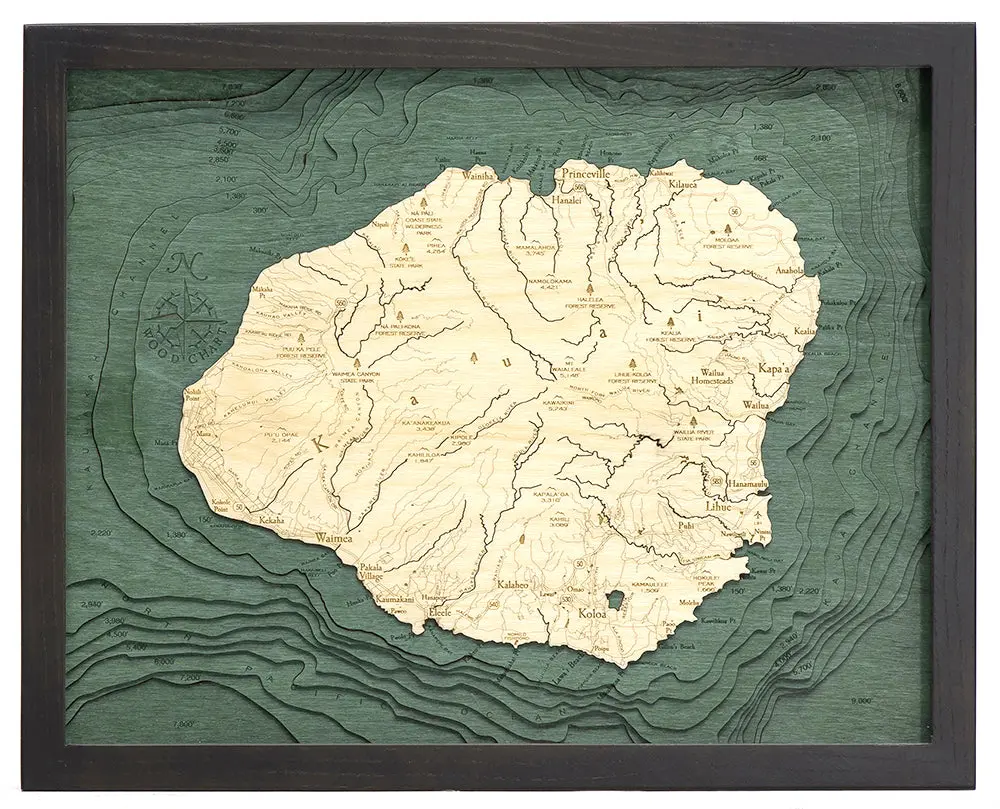 Kauai, Hawaii 3-D Nautical Wood Chart, Small, 16" x 20"