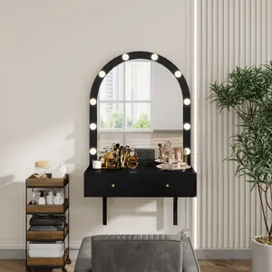 Dreamzon Floating Makeup Vanity Desk with Mirror & 3-Color Lights, Wall Dressing Table with Power Outlet, Compact vanity, Large Storage, Black