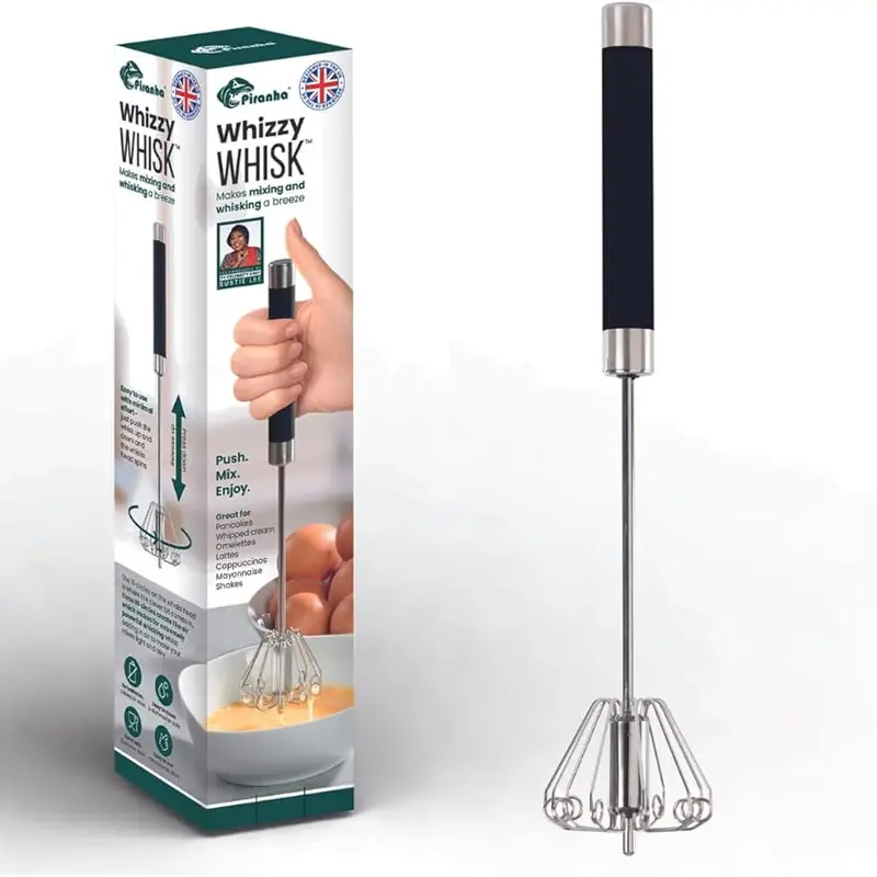 Piranha Whizzy Whisk - Manual Hand Mixer Egg Kitchen Stainless Steel Black 10 Circle Circles for Powerful Whisking & Airy Mixes Utensils Handy