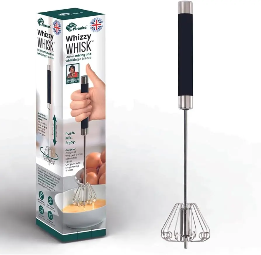Piranha Whizzy Whisk - Manual Hand Mixer Egg Kitchen Stainless Steel Black 10 Circle Circles for Powerful Whisking & Airy Mixes Utensils Handy