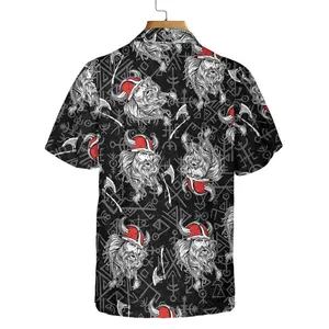 Viking Head Hawaiian Shirt, Seamless Pattern God Odin Viking Shirt, Short Sleeve Casual Button Down Shirts Summer Beach Shirt, Tropical Floral Shirt