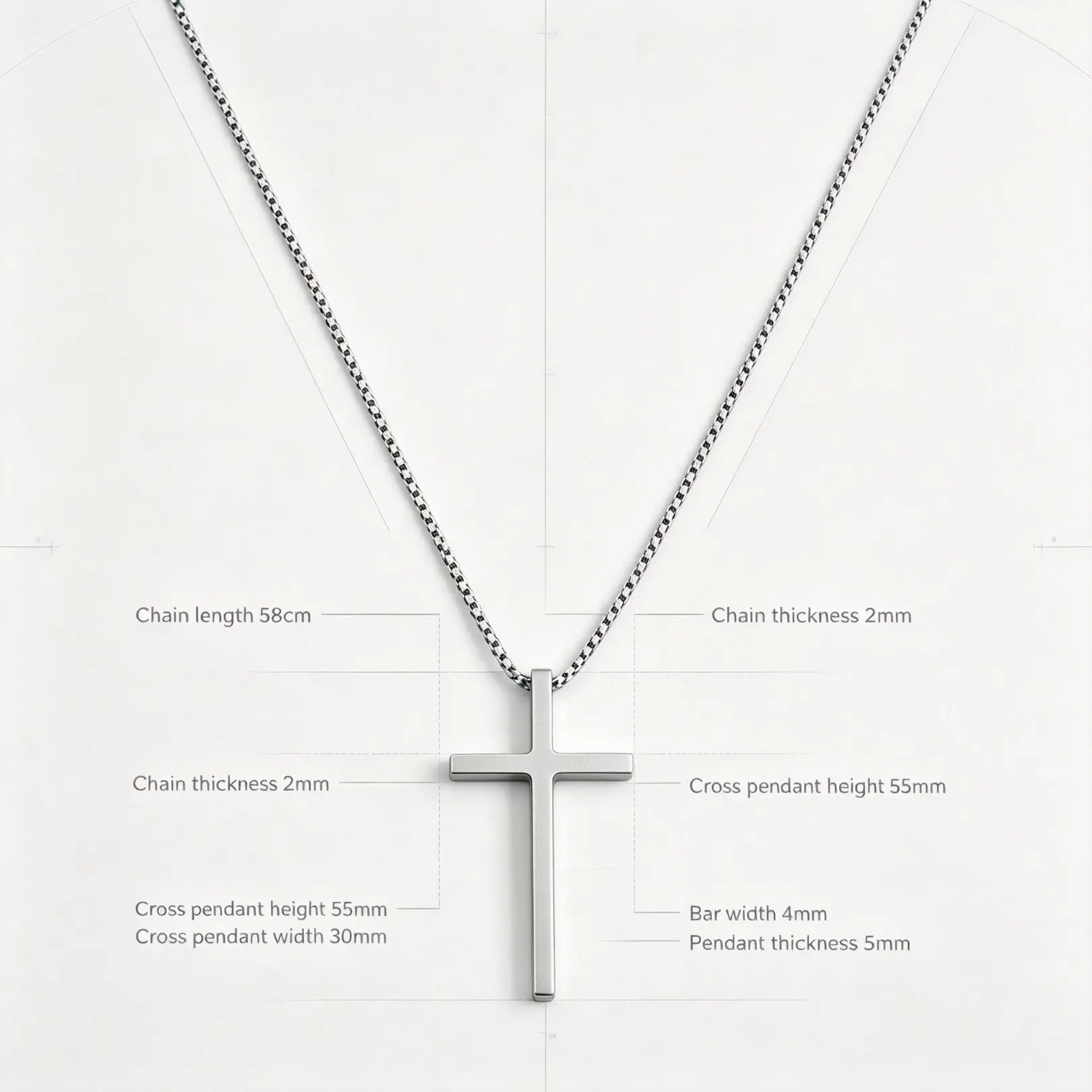 Stainless Steel Cross Necklace for Men - Classic Solid Cross Pendant, 58cm Box Chain, Minimalist Religious Faith Jewelry, Daily Wear Gift, Stainless Steel Jewelry