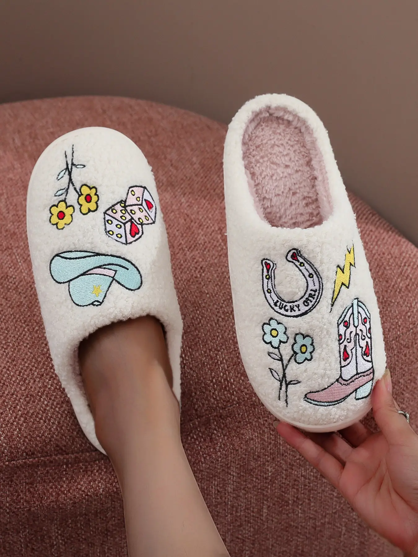 Western Cowboy Style Plush Slippers, Fuzzy Fashion Slippers, Boho Style Slippers, Luckgirl Embroidered Floral Design, Warm Indoor Outdoor Shoes for Fall & Winter, Fluffy House Slippers, Cowgirl Boot Slippers, Fashionable Soft Slippers