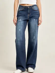 High Waisted Dark Wash Wide Leg Jeans for Women, Casual Loose Fit Stretch Denim Pants with Distressed Details, Comfortable Straight Leg Trousers for Everyday Streetwear