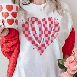 Valentine Heart T-Shirt Checkerboard Heart Tshirt Red Checkerboard Love Tee Love Heart Valetnine T-Shirt Romantic Valentines Day T-Shirt Womens Love Tshirt Cotton Casual