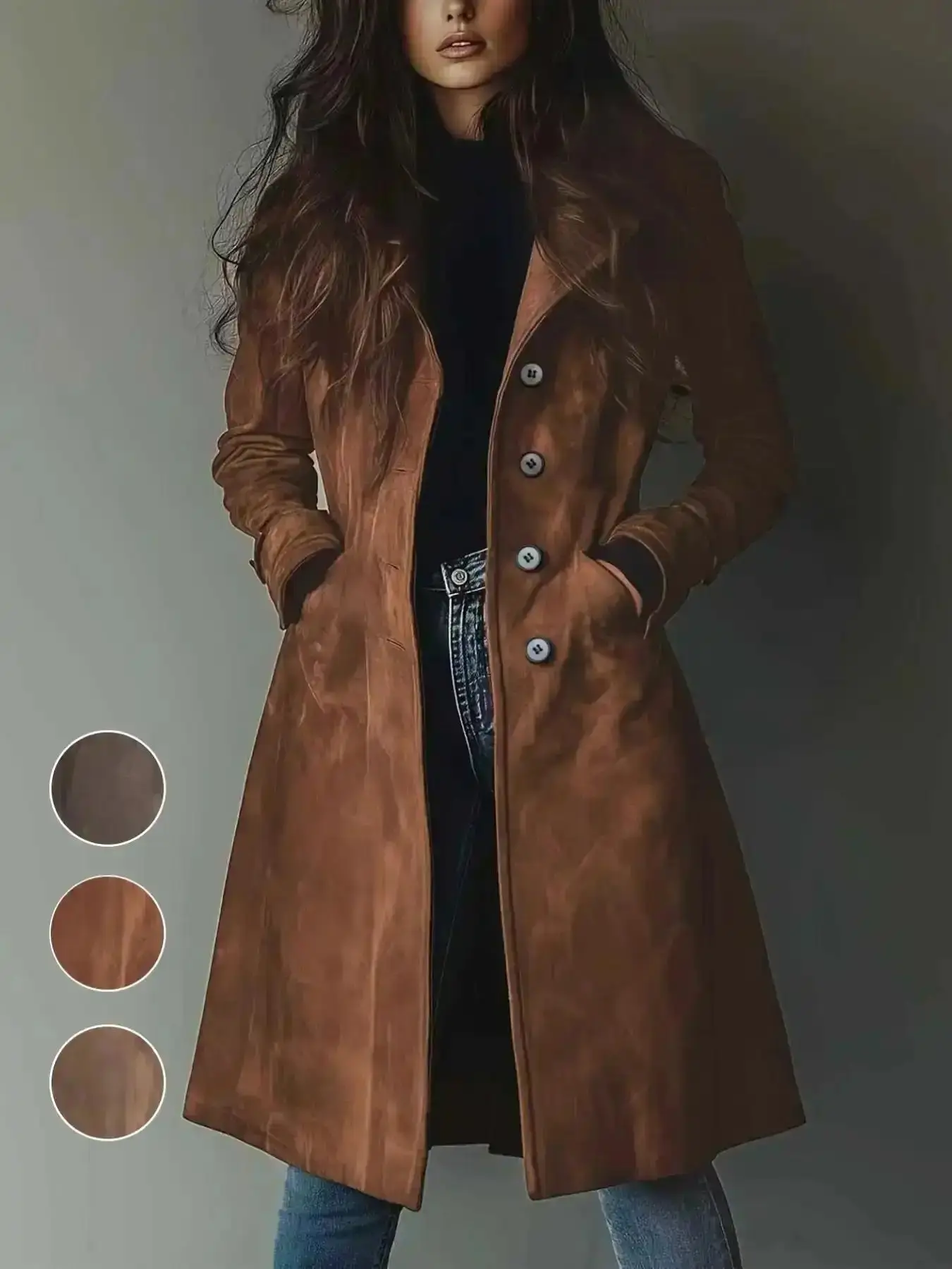 Women's Suede Coat Jackets Womenswear Elegant Vintage Chic Fitted Design Pockets Durable Material Single-Button Mid-Length Commuter Outdoor Wear Outerwear seasonal staple classic versatile piece soft fabric