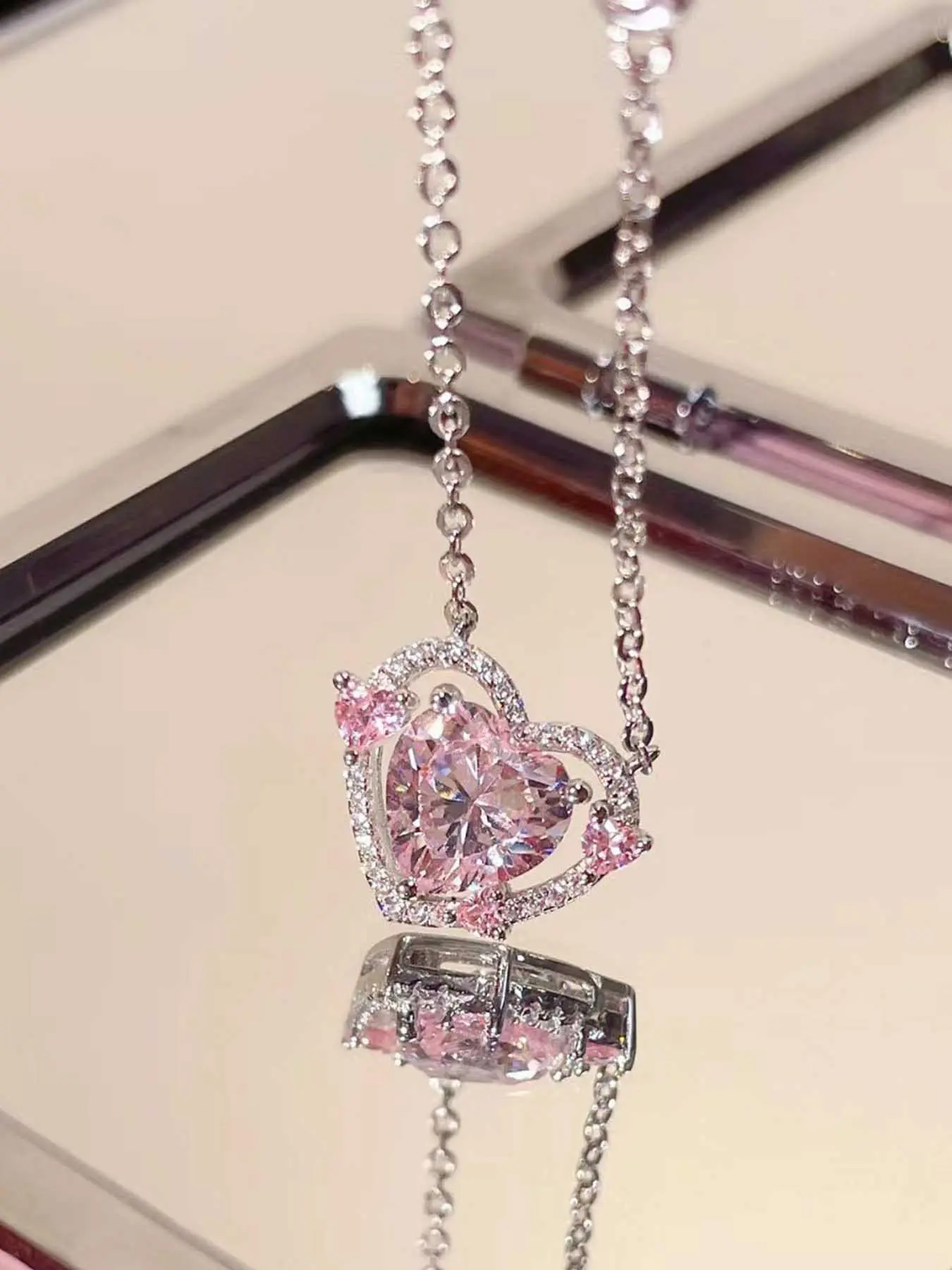 Dainty Pink Heart Pendant Necklace for Women - Sparkling Cubic Zirconia Adorned Silver-Tone Chain Jewelry, Romantic Cute Valentine's Day/Birthday Gift for Girls & Ladies