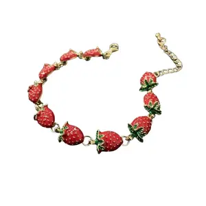 Women's Whimsical Red Enamel Strawberry Charm Bracelet - Adjustable Gold Chain Fruit Link Sports Wristband, Teen Girl Daily Wear Gifts, Charm Bracelets for Sports & Outdoor Use