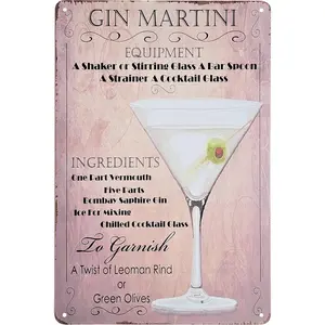 8" x 12" Popular Cocktails and Drink Mix Recipes Menu on Metal Tin Sign Wall Decor Plaque Poster (GIN MARTINI)