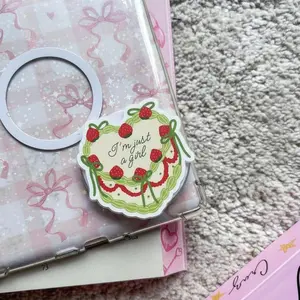 I'm Just A Girl Strawberry Cake Phone Grip, Aesthetic Coquette Accessory for Her, Kawaii Pink Dessert Phone Holder, Vintage Retro Cake Griptok, Soft Girl Vibe Stand, Cottagecore Gift for Women