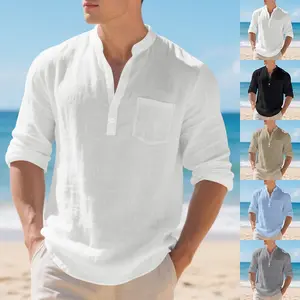 Men's T-shirt Linen Long-sleeved Loose V-neck Autumn and Winter Bottoming Shirt Men's