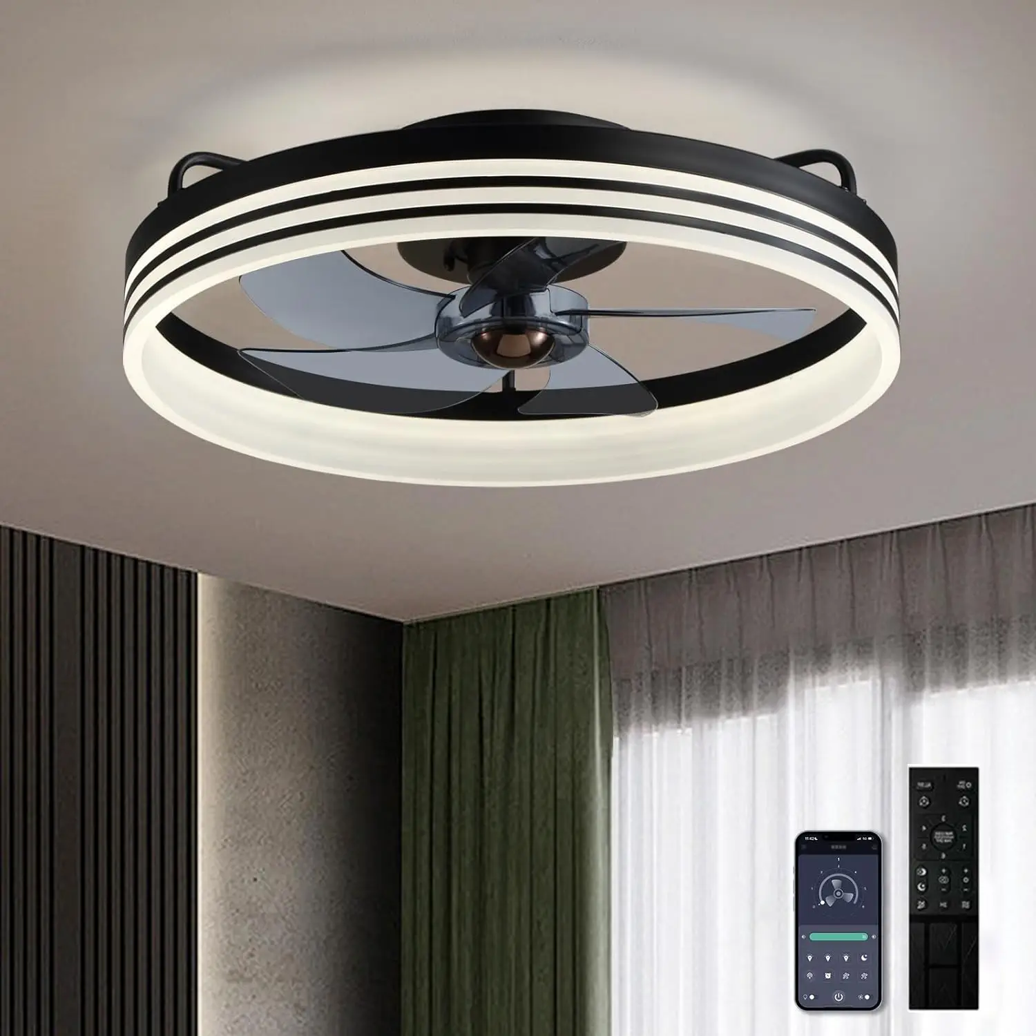 Flush Mount Low Profile Ceiling Fans with Lights and Remote Control, 18" Modern Ceiling Fan Light 5 Blades 6 Speed Reversible LED Dimmable, for Indoo