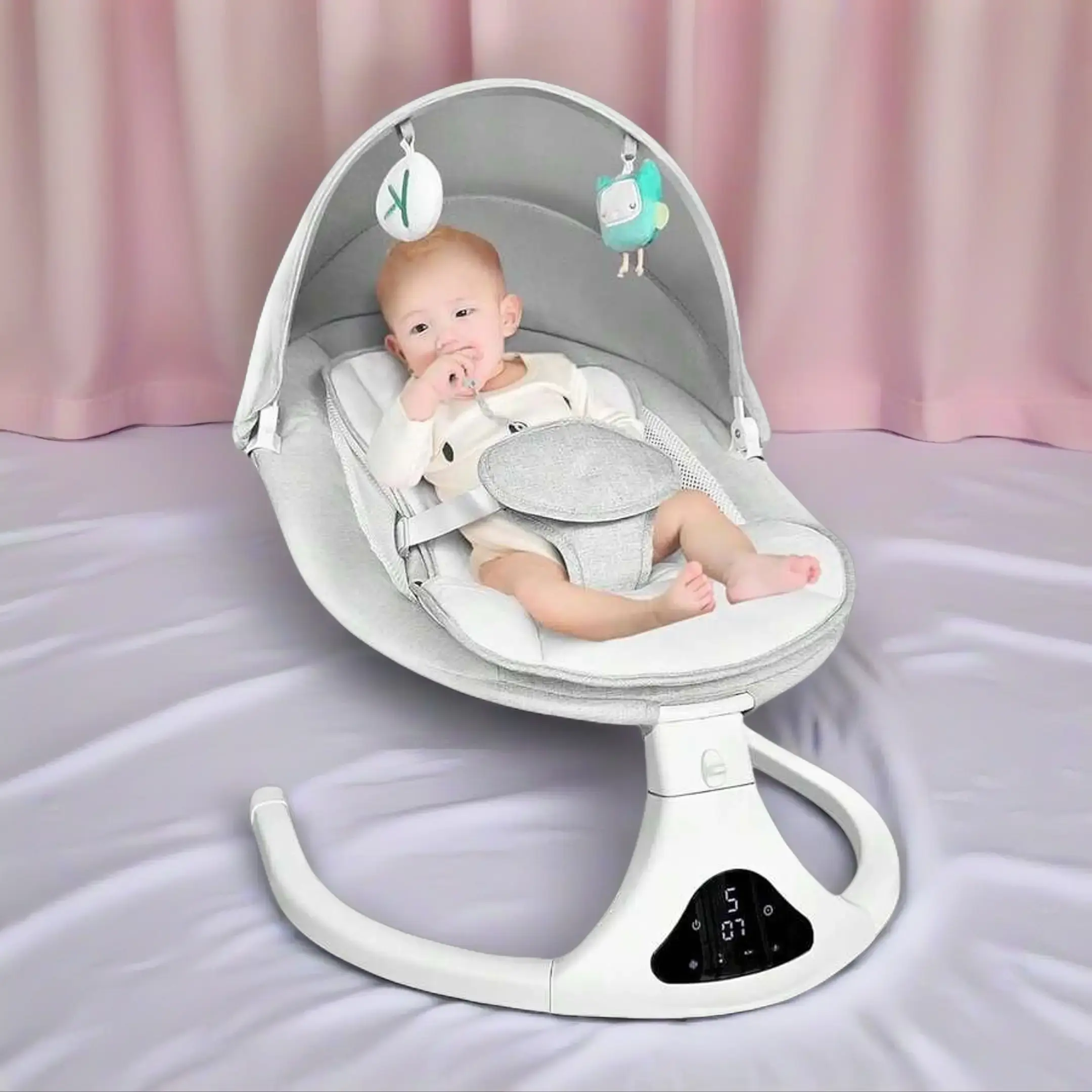 Modern High-Tech Baby Swing, Plain Electric Bouncer for Infants with Remote Control, Bluetooth Speaker, 5 Speeds, Battery & Adapter Power