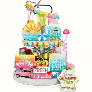 Summer Themed Tiered Tray Decoration Set, 22pcs/set Wooden Summer Sign without Tray, Desktop Decoration for Home Kitchen Living Room, Ornaments