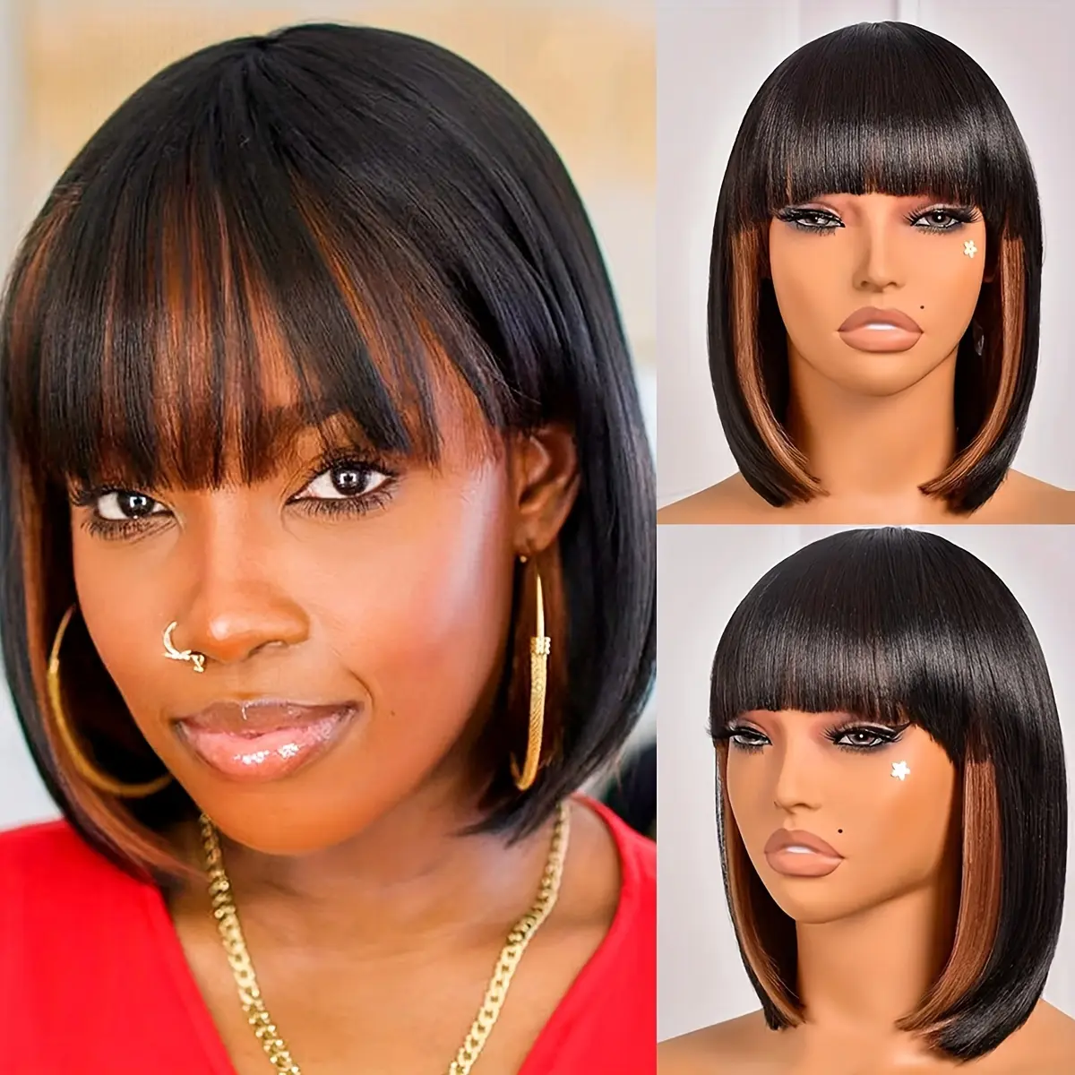 Short Bob Wigs With Bangs - 12 Inch Black Mix Brown Yaki Straight Hair Daily Costume Wig For Women, Soft Light Synthetic Hair Replacement Wigs Heat Resistant