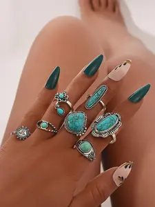 Vintage Boho Style Turquoise Decorated Ring Set, Fashion Accessories for Women & Girls, Trendy All-match & Exquisite Jewelry for Birthday Gift