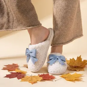 Fashion Women Home Slippers Blue Bow  Anti-Slip Soft Sole Winter Shoes  Men Fuzzy Memory Foam Slipper Fluffy Warm house slippers