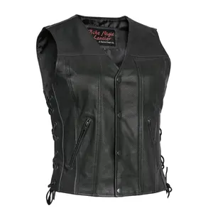 DANIEL SMART Her Miles™ Women's Leather Motorcycle Vest in Black Milled Promo Cowhide with V-neck & Side Lacing for Adjustable Fit