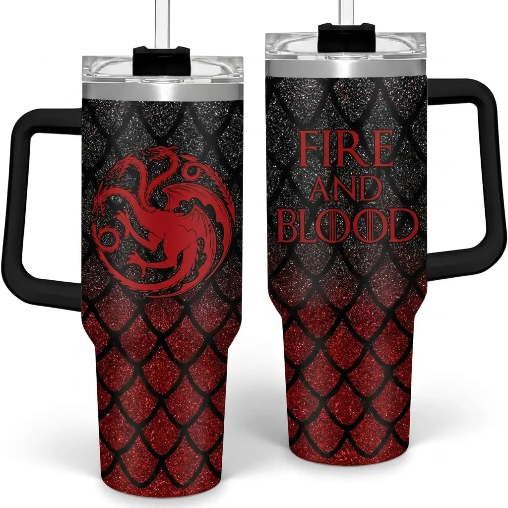 Fire And Blood Red Three Headed Dragon Scales 40oz Tumbler With Handle, Glitter Red Black Dragon Scale Stainless Steel Travel Mug, Insulated Water Bottle With Straw, Fantasy Dragon Lover Gift, Cool Gothic Travel Tumbler