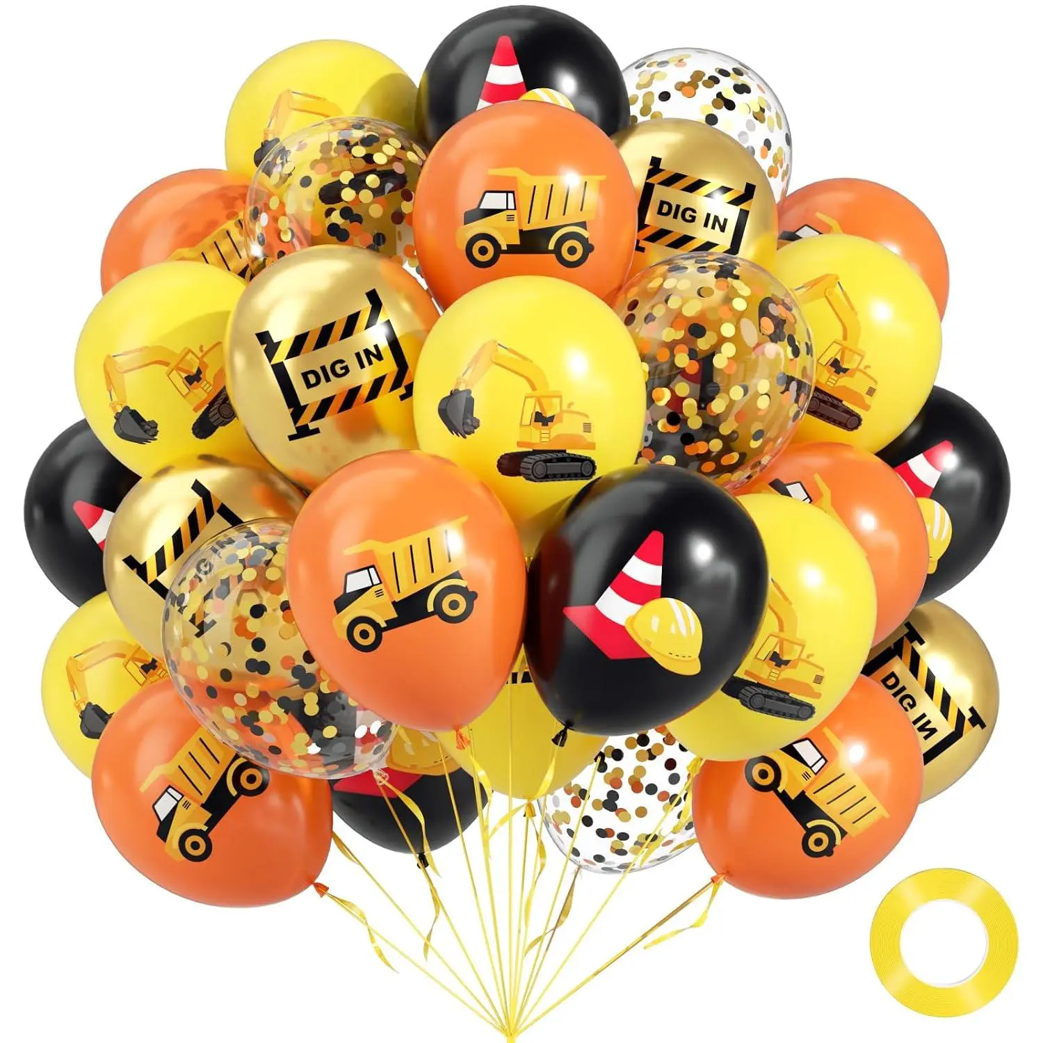 60Pcs Construction Balloons 12Inch With Metallic Gold Orange Confetti Black And Yellow Balloons For Construction Transportation Excavator Themed Birthday Party Decorations