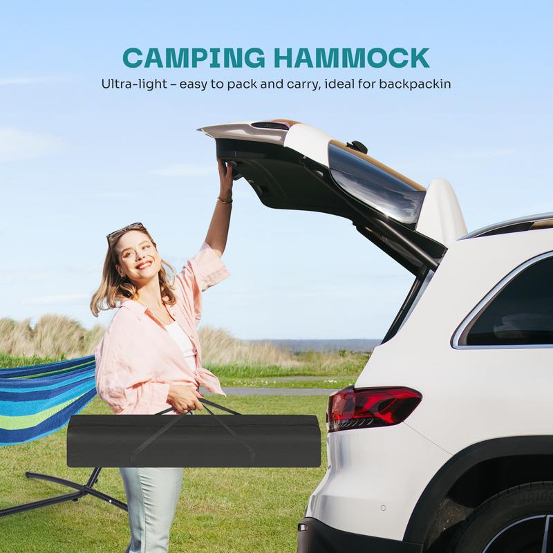 Double Hammock With Carry Bag, With Space-Saving Stand, Heavy-Duty Steel Frame, 450 Lb. Load Capacity, Easy To Assemble, For Patio, Park, Outdoors
