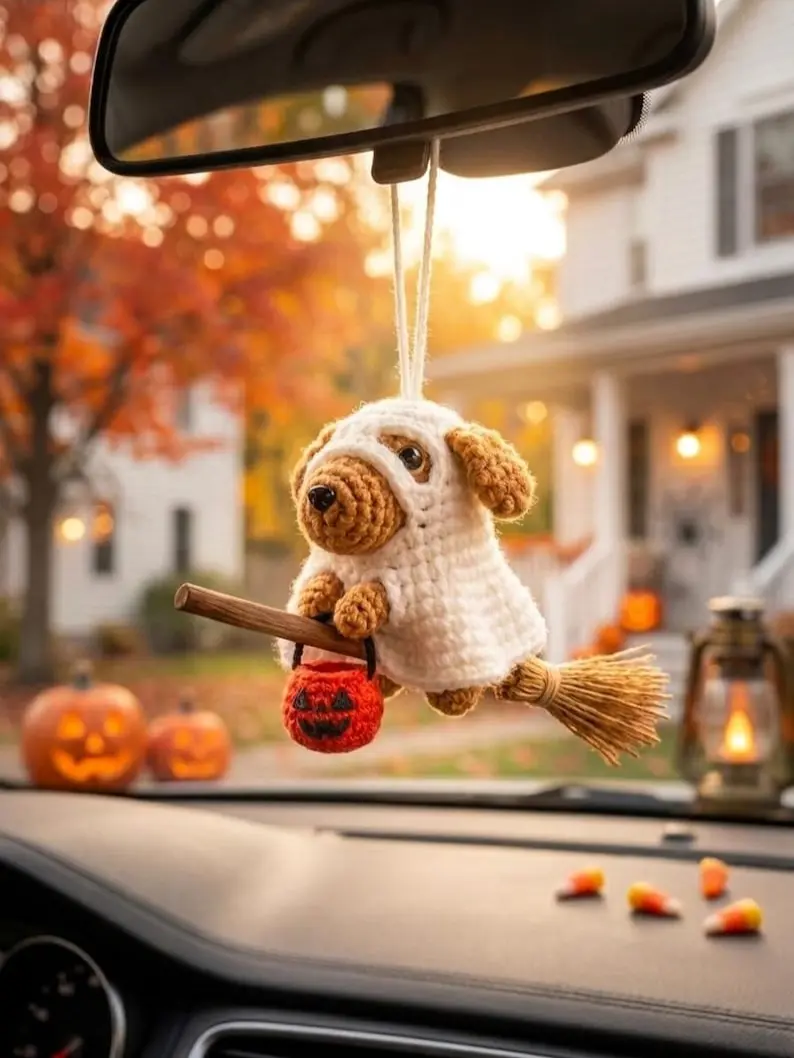 Handmade Crochet Halloween Ghost Dog Plushie -  Season Amigurumi Puppy Plush Toy Desk Decor, Cute Fall Trick or Treat Dog Gift