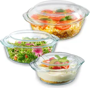 6-Piece Glass Casserole Dish Set with Lids, featuring durable borosilicate glass, microwave-safe, versatile round baking dishes for the oven. Clear, lead-free casserole cookware.