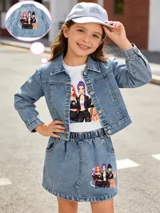 Girls' Idol Group Print 3pcs Set (jacket + T-Shirt + Half Skirt), Light Blue Washed Denim Fabric, Casual Loose Fit, Ages 3-8