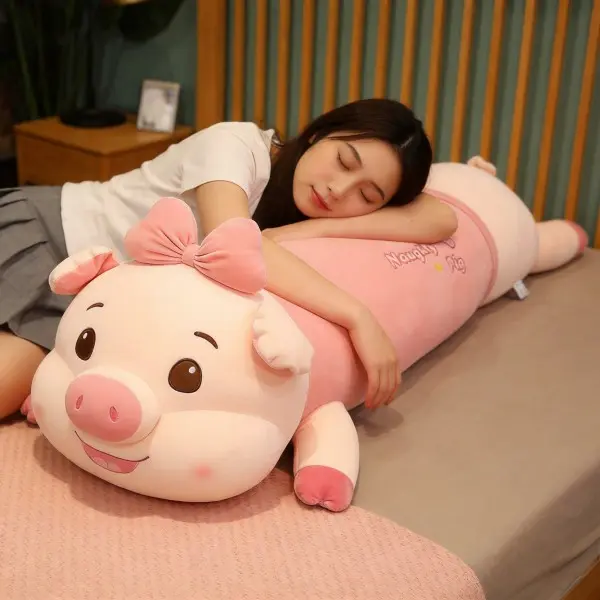 Cute soft pig plush with bow — long hug pillow, leg-support sleeping pillow; soothing comfort toy, great gift for a girlfriend