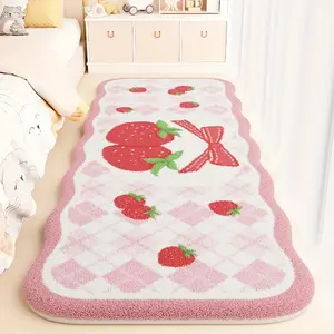 1pc Cream Style Pink Cherry Bedroom Decoration Carpet Cute Bow Kawaii Rug Living Room Plush Carpet Simple Lines Plaid Cloakroom Anti-slip Floor Mat Fluffy Soft Irregular Wavy Decorative Rug