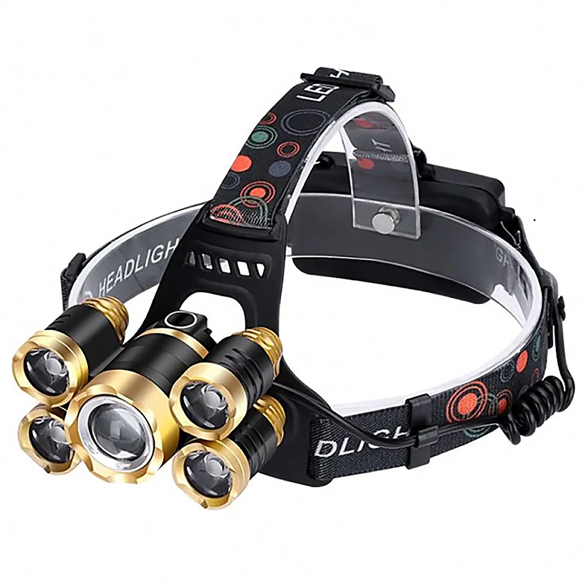 JRD SOLAR Rechargeable Zoom Adjustable Headlamp Flashlight Long-Lasting Batteries 1200 LM Super Bright Waterproof 5 LED Headlight Camping Work Lights