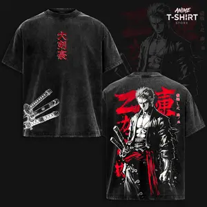 Zoro - OP Vintage Washed T-Shirt, Relaxed Fit, Heavyweight Cotton, Unisex Streetwear Casual Wear, Three Swordsman Graphic Tee, Gift for Anime Fans