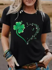 St Patrick's Day Clover + Valentine Heart Print Round Neck T-Shirt, Casual Vacation Women's Short Sleeve Top, Soft Fabric, Elegant Design