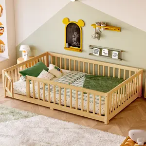 Twin/Full/Queen Size Floor Bed Frame with Door and Fence,Montessori Floor Bed with Slats and Safety Guardrails for Girls Boys,Solid Wood Platform Bed Frame